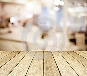 Perspective wood over blurred restaurant with bokeh background,