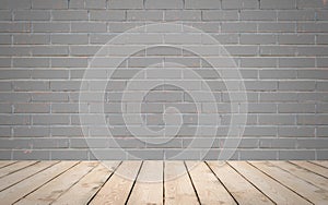 Perspective wood over grey brick wall background, room, table, i