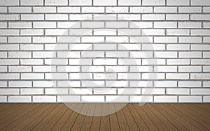 Perspective wood over white brick wall background, room, table,