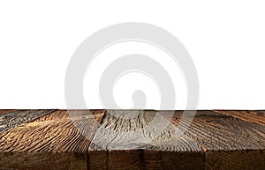 Perspective of wood table surface isolated on white background