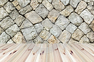 Perspective wooden floor and stone wall