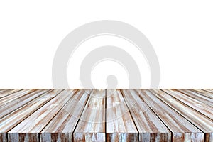 Perspective wooden table top, desk isolated on white background, Wood table surface for product display background, Empty wooden
