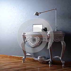 Perspective work place with laptop, camera and lamp 3d render