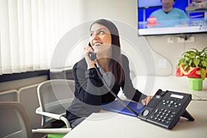 Perspective young female worker business woman day in office.Confident,smart and organized assistant.Managing business.Consultant photo