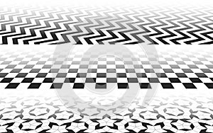 Perspectives with checkered, zig-zag and Penrose mosaic patterns