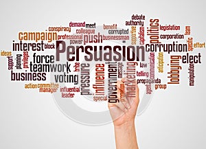 Persuasion word cloud and hand with marker concept photo