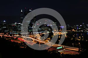 Perth CBD sky scraper buildings as viewed from Kings Park at dusk night