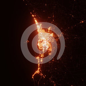 Perth city lights map, top view from space. Aerial view on night street lights. Global networking, cyberspace