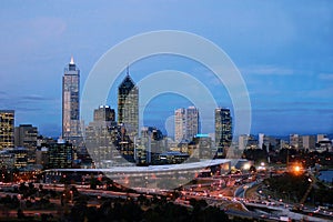 Perth cityscape at dusk-peak hour traffic