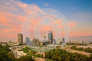 Perth cityscape viewed at sunset from Kings Park. Perth is a modern and vibrant city and is the capital of Western Australia, Aust