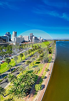 Perth skyline, Western Australia. Beautiful aerial view of city skyline along the river