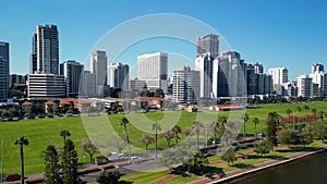 Perth skyline, Western Australia. Beautiful aerial view of city skyline along the river