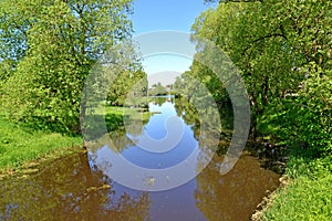 The Pertomka River in sunny summer day. Poshekhonje, Yaroslavl region