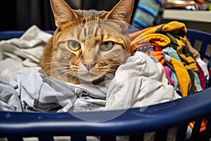 a perturbed cat awakened from sleep in a laundry basket