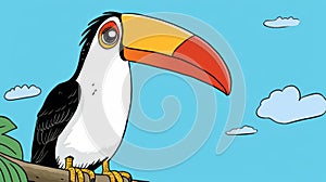 Perturbed Toucan On Branch With Blue Clouds - Cartoonstyle Panoramic Scale Graphic Novel-esque photo