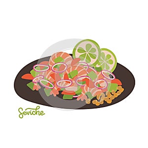 Peru ceviche. Latin American Cuisine. Seviche salad. Seafood with avocado and onions. Vector flat hand drawn photo