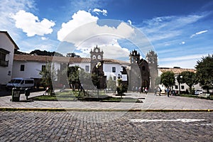 Peru Cusco architecture of the ancient Belmond monastery hotel from the year 1592 in the historic center,16th facade