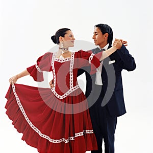 Peru dance couple dancing waltz with typical clothes on white background