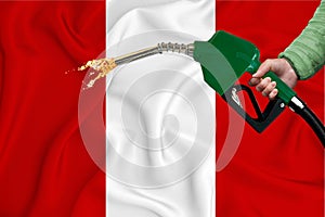 PERU flag Close-up shot on waving background texture with Fuel pump nozzle in hand. The concept of design solutions. 3d rendering
