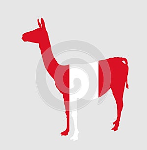 Peru flag over Vicuna national animal vector silhouette illustration isolated on white background.