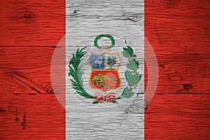 Peru national flag painted old oak wood