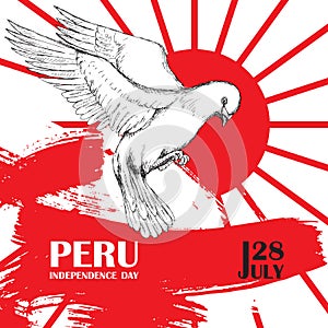 Peru`s independence day. July 28rd.National Patriotic holiday of liberation in Latin America. White dove in flight, the