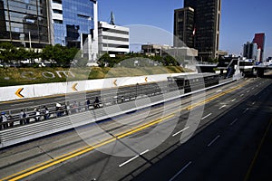 PERU San Isidro highway with its skyscrapers remains completely empty without people and cars during the quarantine decreed to