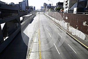 PERU San Isidro highway with its skyscrapers remains completely empty without people and cars during the quarantine decreed to