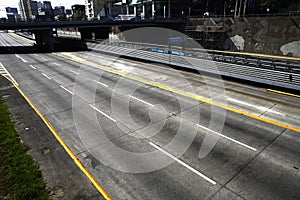 PERU San Isidro highway with its skyscrapers remains completely empty without people and cars during the quarantine decreed to