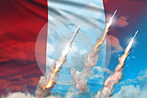 Peru supersonic missile launch - modern strategic nuclear rocket weapons concept on blue sky background, military industrial 3D