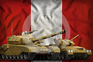 Peru tank forces concept on the national flag background. 3d Illustration