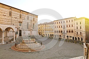 Perugia main square Piazza IV Novembre with Cathedral and monumental fountain Fontana Maggiore, Umbria, Italy