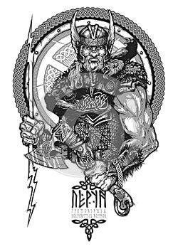 Perun is the Slavic god of thunder, the patron saint of warriors. A hand drawing for a tattoo or for a T-shirt photo