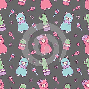 Alpaca or Lama with cactus and rumba shakers cute c cartoon style seamless pattern on dark gray background