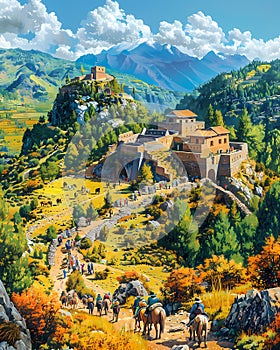 Peruvian Art: Vibrant Mountaintop Scene with Traditional Architecture