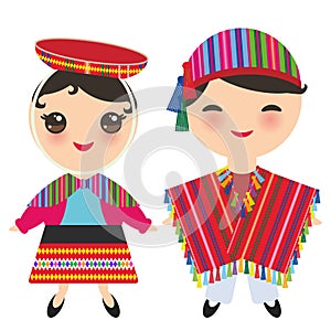 Peruvian boy and girl in national costume and hat. Cartoon children in traditional dress isolated on white background. Vector