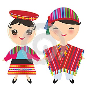 Peruvian boy and girl in national costume and hat. Cartoon children in traditional dress isolated on white background. Vector photo