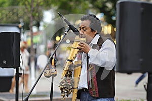 Peruvian busker, street musician, in national clothes playing the native wind instrument on a street