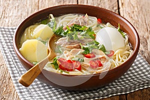 Peruvian Caldo de Gallina Chicken Soup closeup in the plate. horizontal