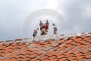 Peruvian ceramic, church in rooftop for protection in Cusco, Peru hand made house,protection