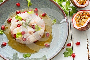 Peruvian Ceviche with Passion Fruit Marinade and Pomegranate