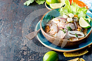 PERUVIAN CEVICHE SEBICHE. Peruvian seafood and fish sebiche with maize