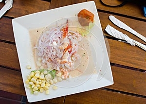 Peruvian ceviche on a wooden table
