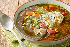 Peruvian cilantro chicken soup or Aguadito de Pollo with rice and vegetables closeup on the bowl. Horizontal photo