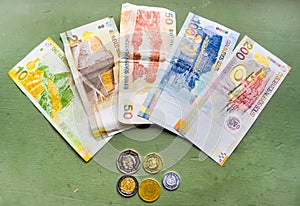 Peruvian currency Nuevos soles bills and coins on the green background photo