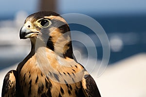 Peruvian falcon an aplomado, a closeup, head shot of a bird of prey, a raptor with brown and gold markings on feathers and dramati