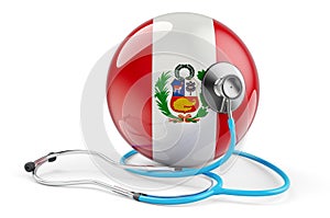 Peruvian flag with stethoscope. Health care in Peru concept, 3D rendering