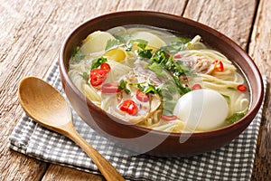 Peruvian food Caldo de Gallina chicken noodle soup with boiled egg and herbs close-up in a plate. horizontal