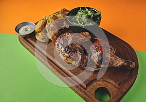 Peruvian food, Pollo a la brasa or grilled half chicken with fried yellow potatoes and arugula salad, wooden board photo