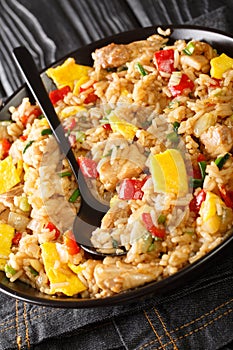 Peruvian Fried Rice with meat and eggs Arroz Chaufa close up in the bowl. Vertical photo